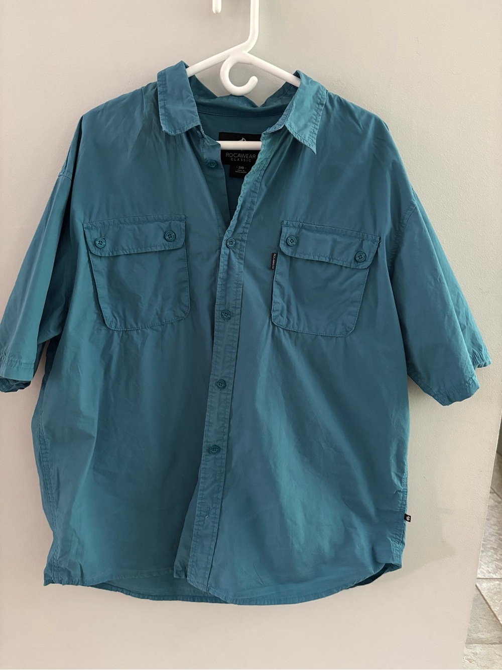 VINTAGE Rocawear Classic Teal Blue Short Sleeve Utility Button Down Shirt 2XL